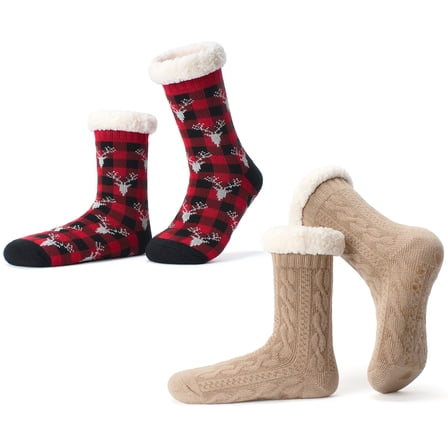Cozylook 2-Pack Women's Fuzzy Slipper Socks Sherpa Lined, Non-Slip Grippers