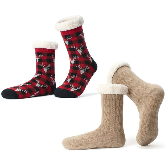 Cozylook 2-Pack Women's Fuzzy Slipper Socks Sherpa Lined, Non-Slip Grippers