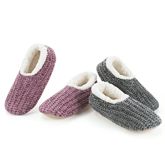 Cozylook 2-Pack Women's Low-Cut Slipper Socks, Grippy Soles, Sherpa Lined, Fuzzy House Shoes, Cozy Gifts for Her, Sizes 5-6 Chenille Knit Pink/Grey