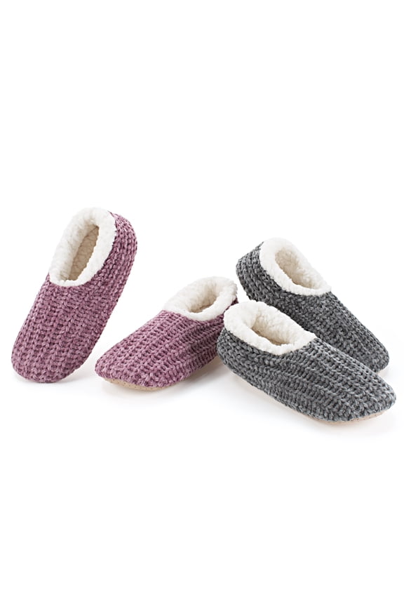 2-Pack Women's Low-Cut Slipper Socks, Grippy Soles, Sherpa Lined, Fuzzy House Shoes, Cozy Gifts for Her, Sizes 5-6 Chenille Knit Pink/Grey