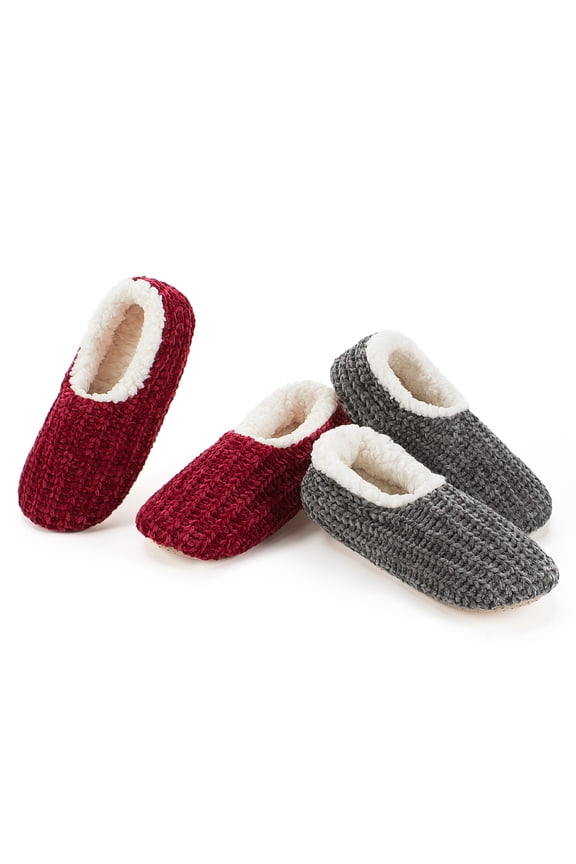 2-Pack Women's Low-Cut Slipper Socks, Grippy Soles, Sherpa Lined, Fuzzy House Shoes, Cozy Gifts for Her, Sizes 5-6 Chenille Knit Red/Grey