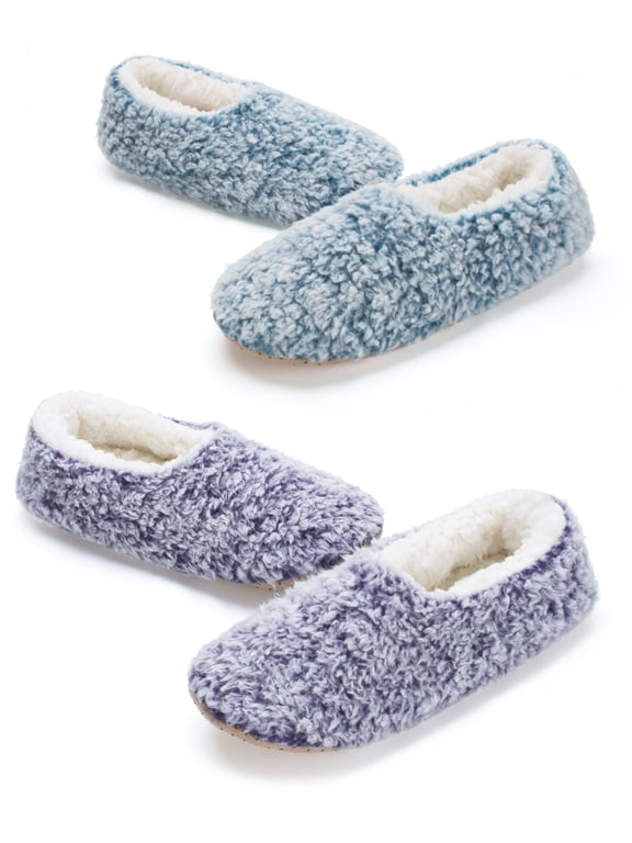 2-Pack Women's Low-Cut Slipper Socks, Grippy Soles, Sherpa Lined, Fuzzy House Shoes, Cozy Gifts for Her, Sizes 7-8 Fluffy Purple/Teal