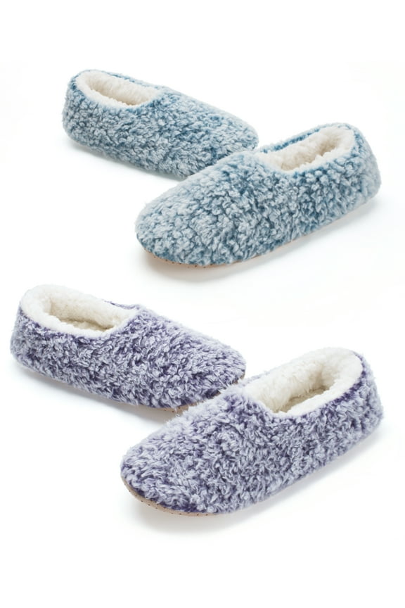 2-Pack Women's Low-Cut Slipper Socks, Grippy Soles, Sherpa Lined, Fuzzy House Shoes, Cozy Gifts for Her, Sizes 7-8 Fluffy Purple/Teal