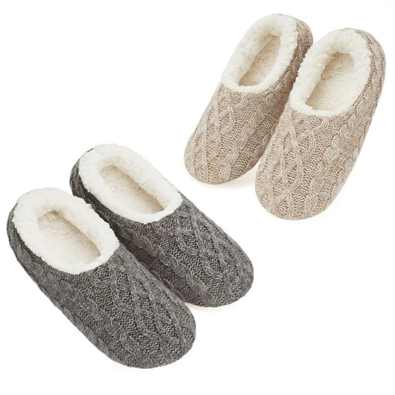 Cozylook 2-Pack Women's Low-Cut Slipper Socks, Grippy Soles, Sherpa Lined, Fuzzy House Shoes, Cozy Gifts for Her, Sizes 9-10 Cable Knit Beige/Grey
