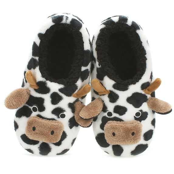 Cozylook Cute Animal Slipper Socks for Toddler Kids Girls Women, Fuzzy Fluffy Sherpa Lined, Non-Slip Indoor House Shoes, Cozy Birthday Christmas Gifts, Cow Big Kid 4-6