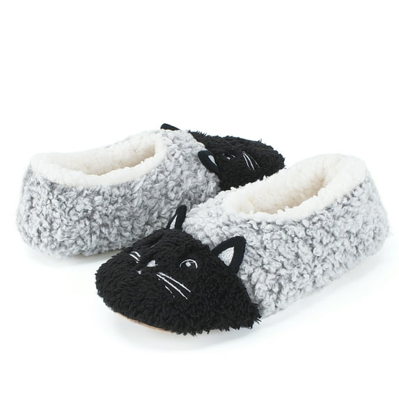Cozylook Cute Animal Slipper Socks for Toddler Kids Girls Women, Fuzzy Fluffy Sherpa Lined, Non-Slip Indoor House Shoes, Cozy Birthday Christmas Gifts, Grey Cat Adult 11-12