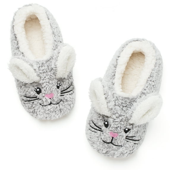 Cozylook Cute Animal Slipper Socks for Toddler Kids Girls Women, Fuzzy Fluffy Sherpa Lined, Non-Slip Indoor House Shoes, Cozy Birthday Christmas Gifts, Grey Bunny Adult 7-8