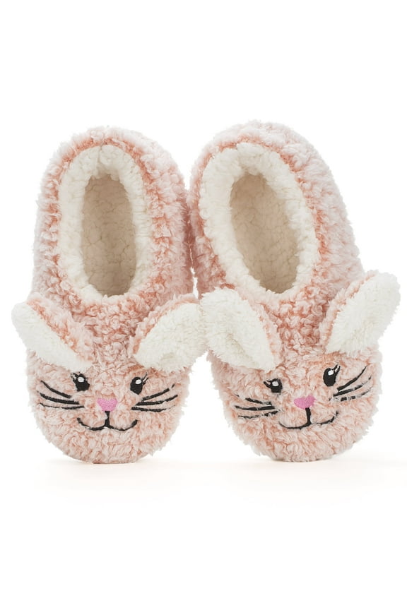 Cute Animal Slipper Socks for Toddler Kids Girls Women, Fuzzy Fluffy Sherpa Lined, Non-Slip Indoor House Shoes, Cozy Birthday Christmas Gifts, Pink Bunny Adult 9-10