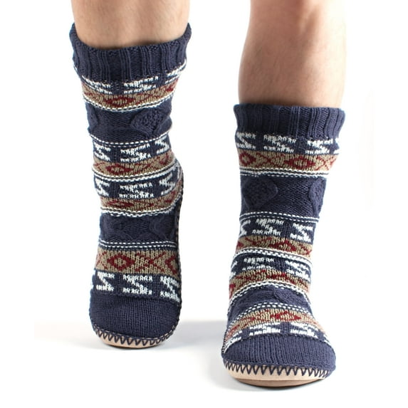 Cozylook Men's Fuzzy Non-slip Slipper Socks, Cable Knit Moccasin Boots, Warm Fluffy Sherpa Lined Indoor House Shoes, Cozy Winter Gifts for Him, Navy Adult Size 10-11