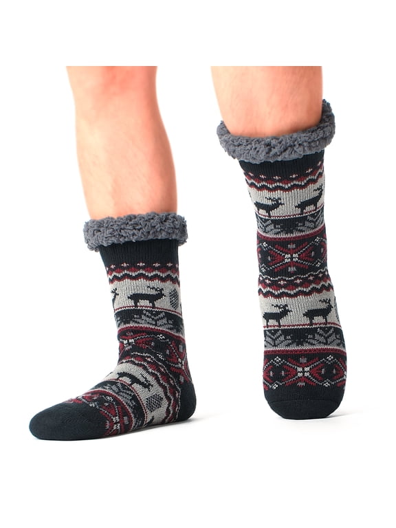 Men's Fuzzy Slipper Socks Non-Slip Grips Warm Thermal Winter Socks Cozy Gifts Black Reindeer LXL 11-14