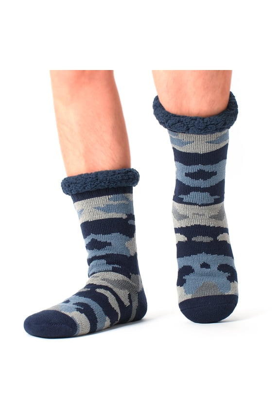 Men's Fuzzy Slipper Socks Non-Slip Grips Warm Thermal Winter Socks Cozy Christmas Gifts Navy Camo LXL 11-14