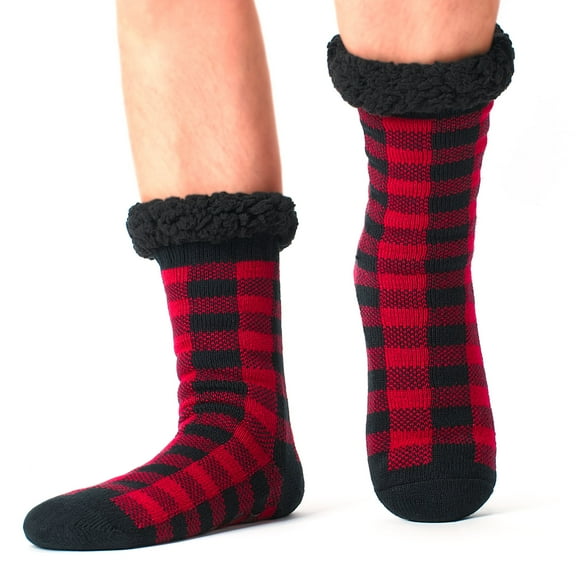 Cozylook Men's Fuzzy Slipper Socks Non-Slip Grips Warm Thermal Winter Socks Cozy Christmas Gifts Red/Black Checkered LXL 11-14