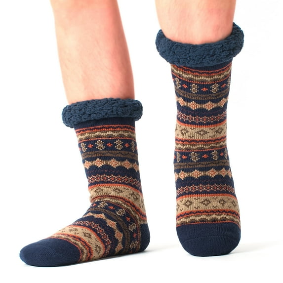 Cozylook Men's Fuzzy Slipper Socks Non-Slip Grips Warm Thermal Winter Socks Cozy Gifts Taupe/Navy LXL 11-14