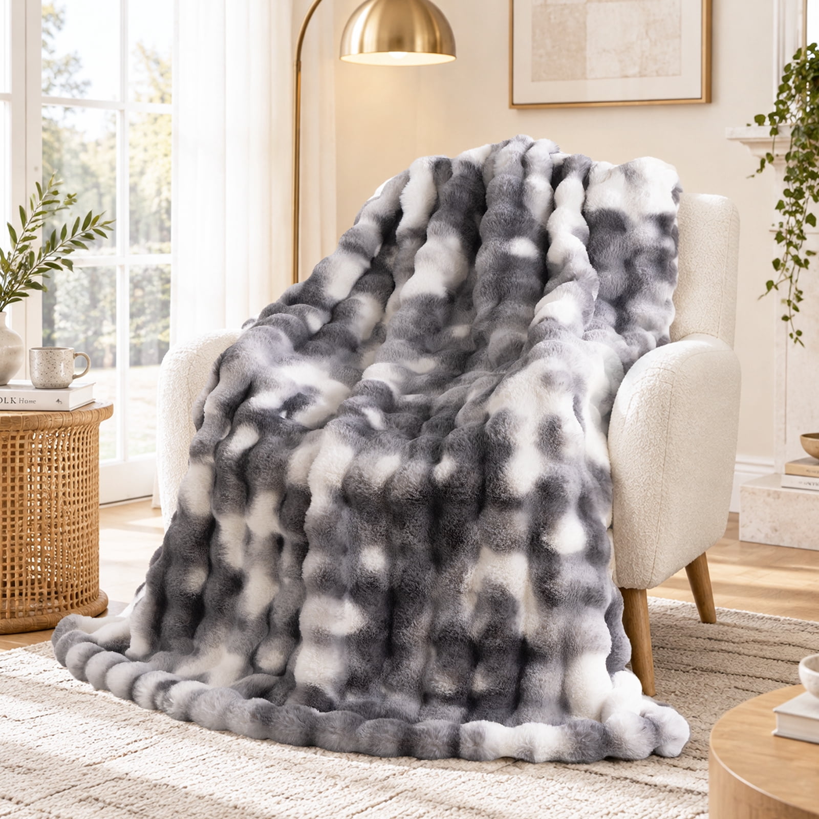 Cozylore Faux Fur Throw Blanket for Bed Luxury Fluffy Thick Bubble Blanket Warm Cozy Throw for Bedroom Living Room, 60" x 80", Tie-Dye Gray