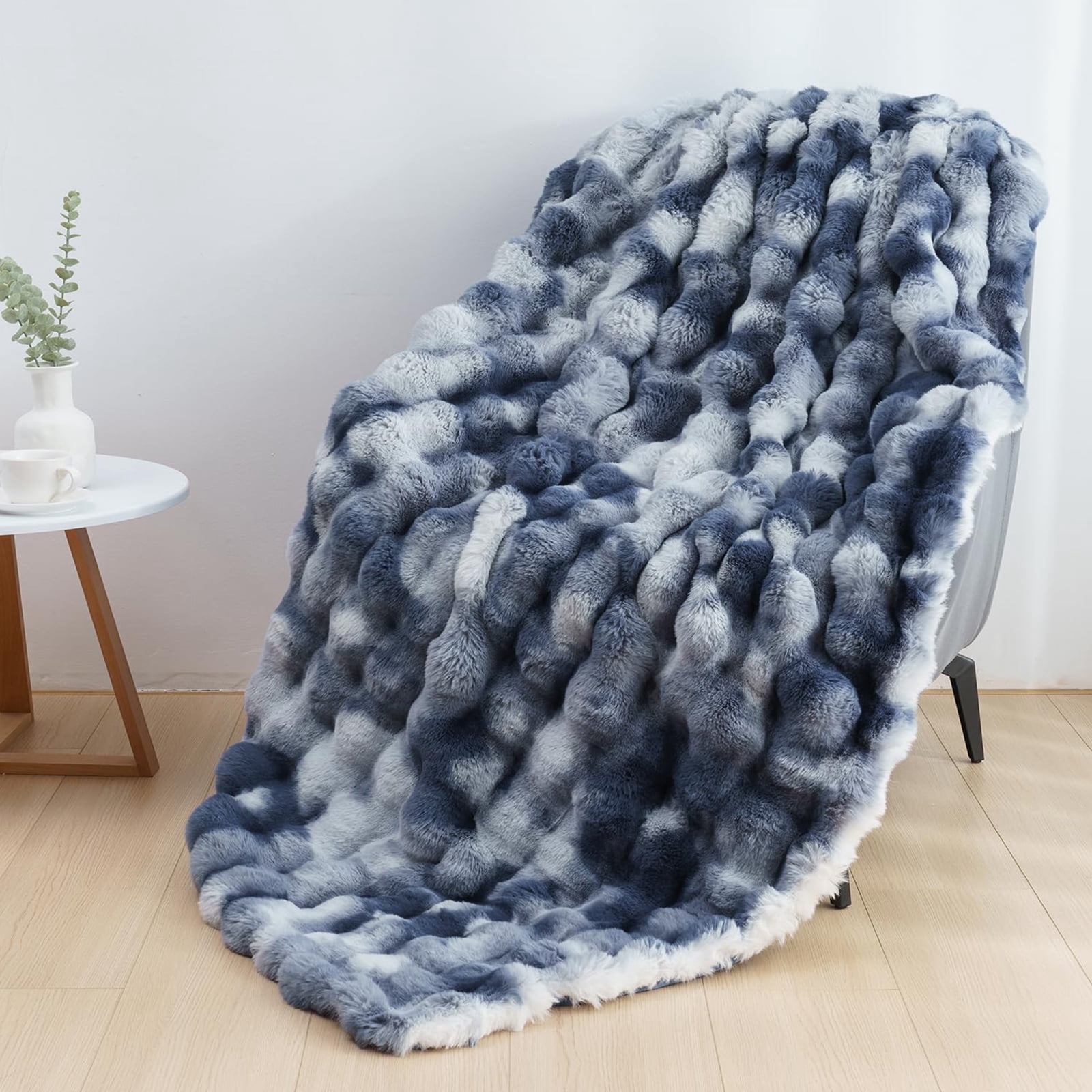 Cozylore Faux Fur Throw Blanket for Bed Luxury Fluffy Thick Bubble Blanket Warm Cozy Throw for Bedroom Living Room, 90" x 90", Tie-Dye Blue