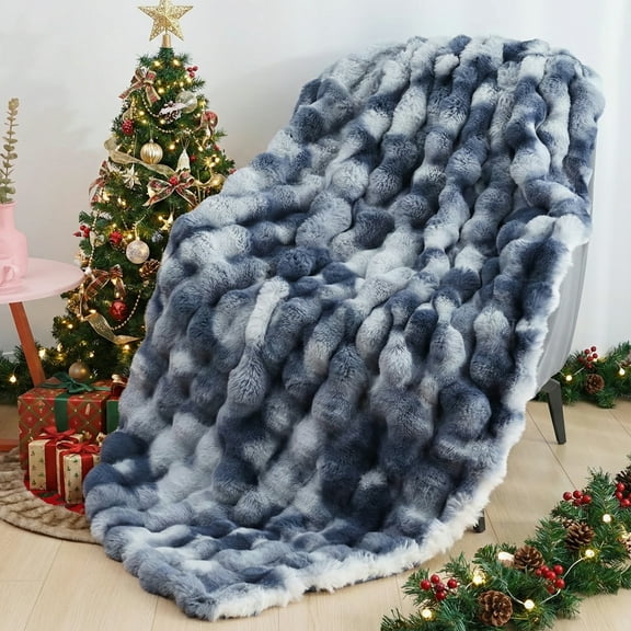 Faux Fur Throw Blanket for Couch Luxury Fluffy Thick Bubble Blanket Warm Cozy Throw for Bedroom Living Room, 50" x 60", Tie-Dye Blue