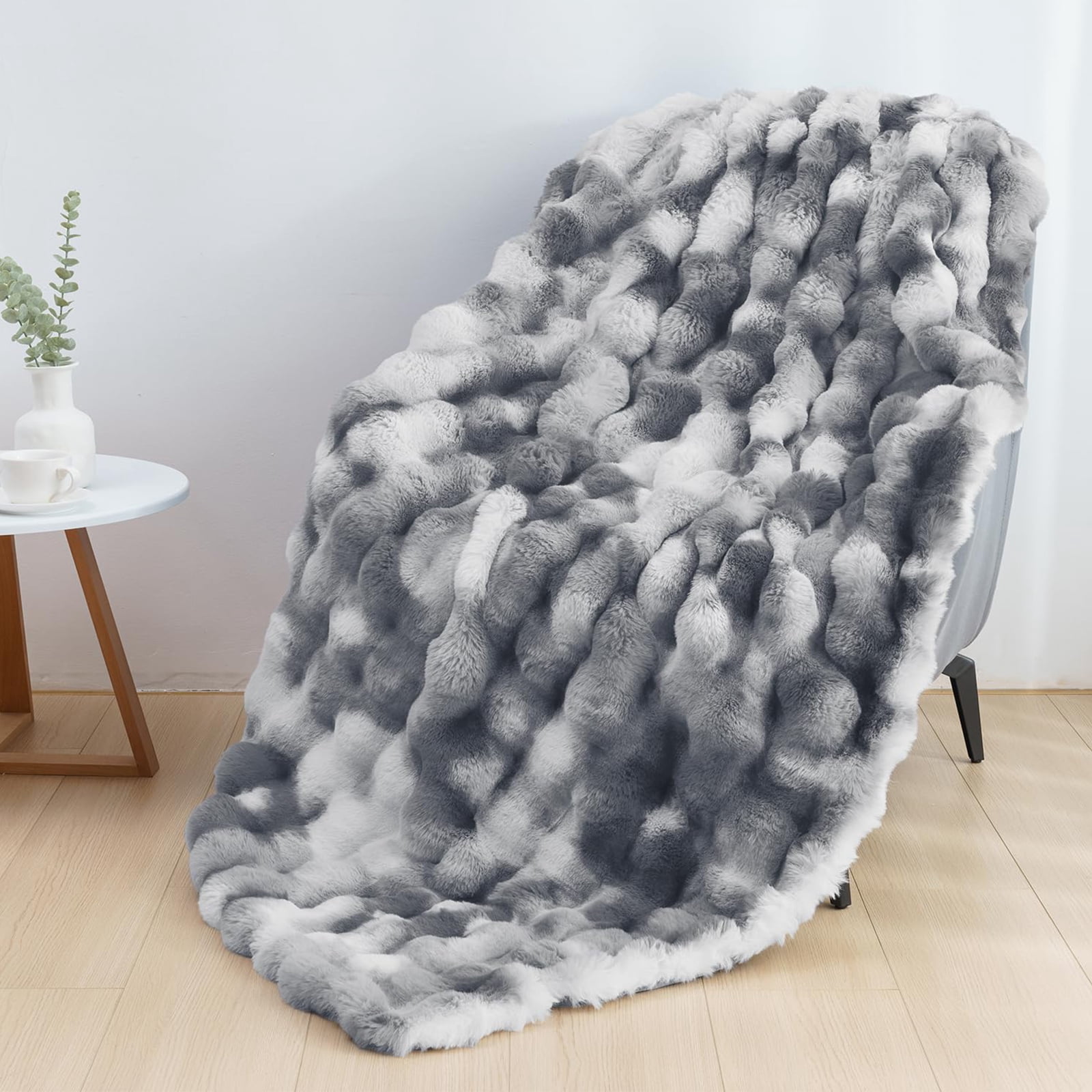 Cozylore Faux Fur Throw Blanket for Couch Luxury Fluffy Thick Bubble Blanket Warm Cozy Throw for Bedroom Living Room, 50" x 60", Tie-Dye Gray