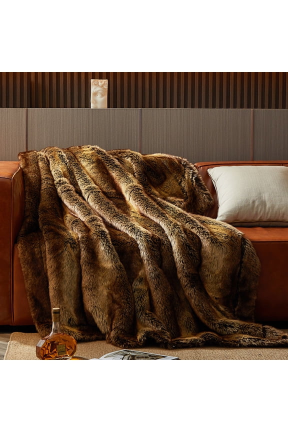 Luxury Faux Fur Throw Blanket for Bed Super Thick Warm Long Fluff Fuzzy Blankets for Bedroom Living Room, 90" x 90", Brown