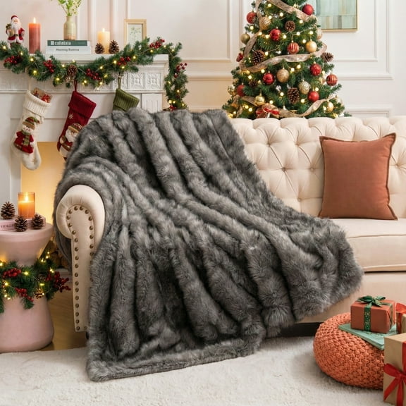 Cozylore Luxury Faux Fur Throw Blanket for Couch Super Thick Warm Long Fluff Fuzzy Blankets for Bedroom Living Room, 50" x 60", Gray