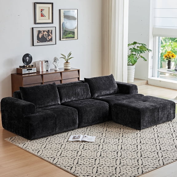 108" Modular Sectional Sofa L-Shape Upholstered Couches with Deep Seat Modern Sleeper Sofa for Living Room, No Assembly Required, Black