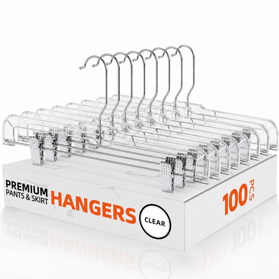 Cozymood 100 Pack Plastic Pants Hangers, 14'' Non Slip Clip Hangers Bulk Clear Skirt Hangers for Boutiques, Resale and Retail Displays