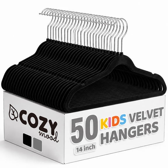 Cozymood 14 Inch Kids Velvet Hangers 50 Pack, Non Slip Kids Clothes Hangers with 360° Swivel Hooks, Slim Space Saving Closet Hangers for Kids, Teens