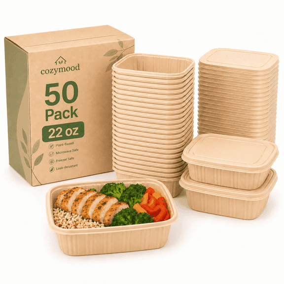 Cozymood 22 oz Meal Prep Containers with Lids, 50 Pack Cornstarch Lunch Containers, BPA-Free, Microwave & Freezer Safe
