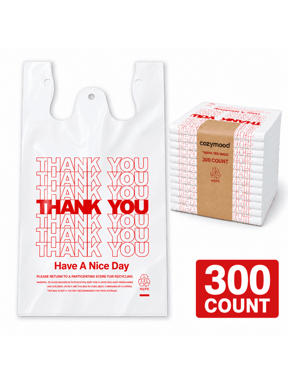 300 Count White Thank You Bags with Handles, 11.5 x 6.5 x 21 in Plastic T-Shirt Grocery Bags