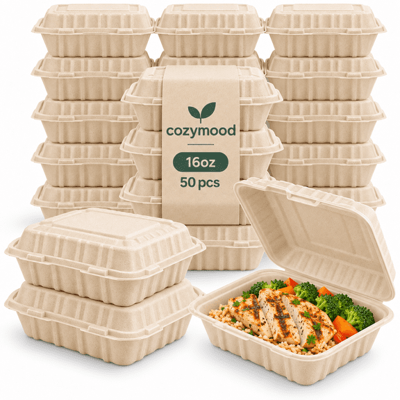 Cozymood 50 Pack 16 oz Compostable Food Containers with Lids, Microwave Safe Disposable Take Out Containers,7"X6"X2"