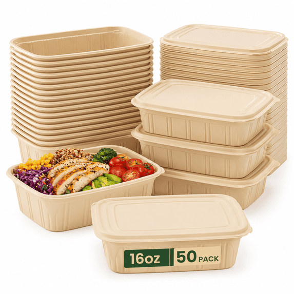 Cozymood 50 Pack 16 oz Compostable Food Containers with Lids, Plant-Based Cornstarch Meal Prep Bowls, Microwave Safe Disposable Take Out Containers