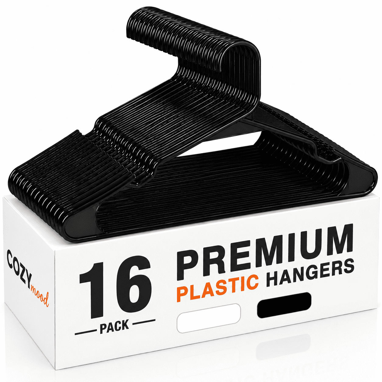 Cozymood Plastic Hangers 16 Pack, Space-Saving Clothes Hangers with Non-Slip Shoulder Grooves for Strappy Clothes, Ideal for Home Closet Organization and Warddrobe Solutions (Black)