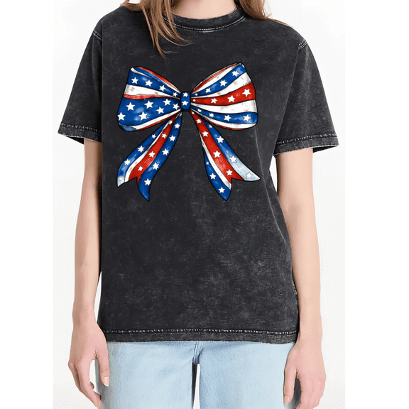 Cozymy American Flag Coquette Bow Washed Short Sleeve Crew Neck T-Shirt
