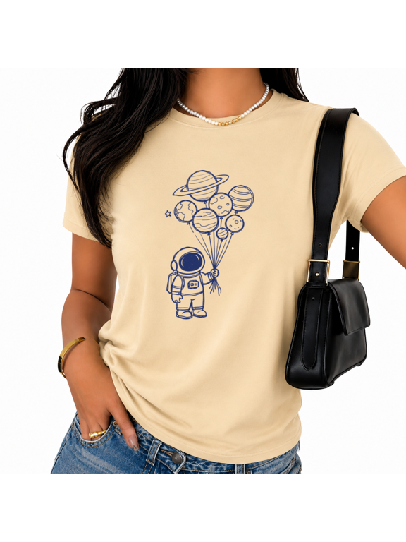 Apricot Women's Navy Line Cute Cartoon Astronaut Planet Balloon Star Space Graphic Short Sleeve T-Shirt Tops