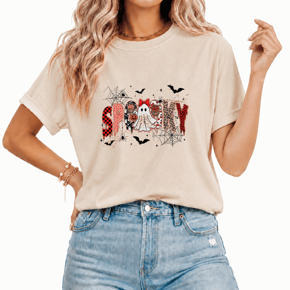 Cozymy BOO Ghost Pumpkin Collage Retro Casual Tee for Women Crewneck Short Sleeve Washed Halloween Shirt