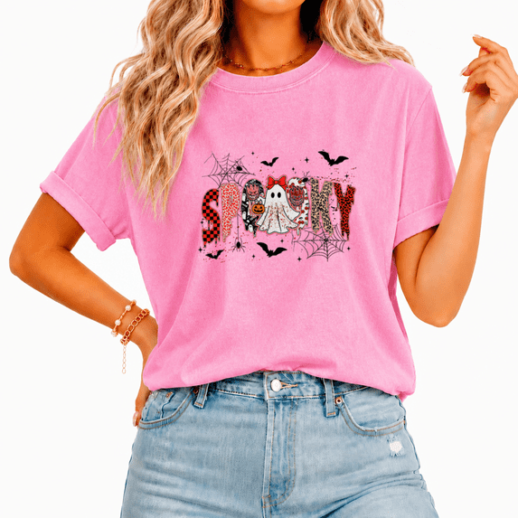 Cozymy BOO Ghost Pumpkin Collage Retro Casual Tee for Women Crewneck Short Sleeve Washed Halloween Shirt