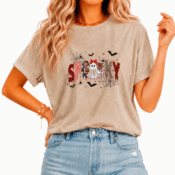 Cozymy BOO Ghost Pumpkin Collage Retro Casual Tee for Women Crewneck Short Sleeve Washed Halloween Shirt