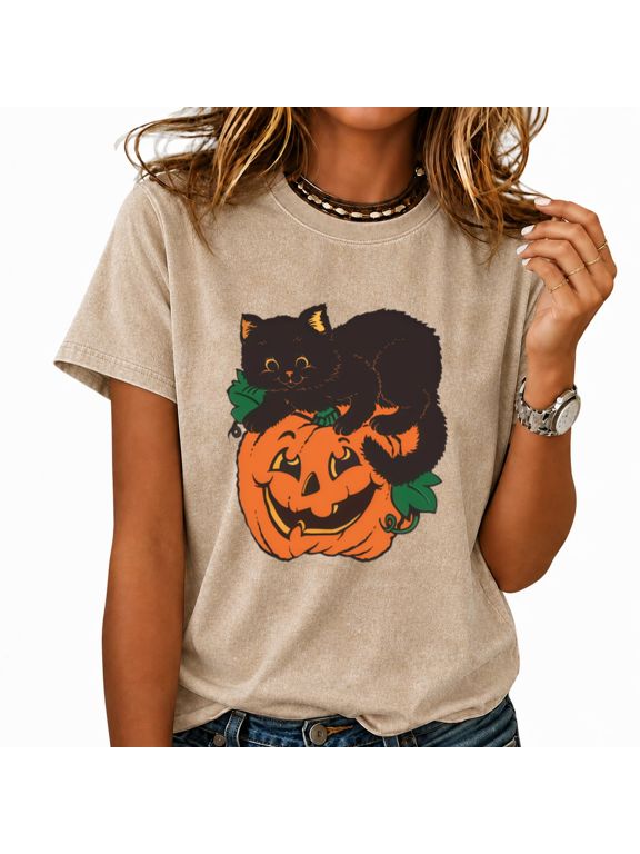 Black Cat Jack O Lantern Washed Print T-Shirt Women's Playful Short Sleeve Crewneck Top