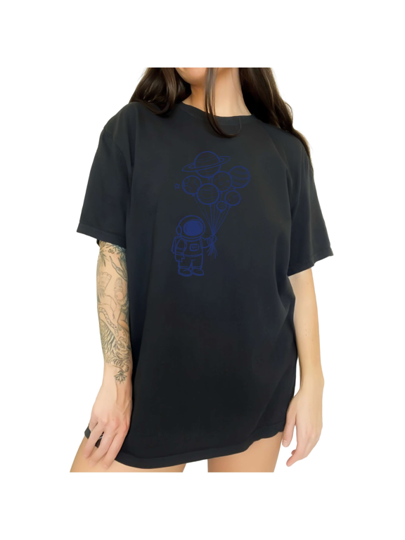 Black Women's Navy Line Cute Cartoon Astronaut Planet Balloon Star Space Graphic Short Sleeve T-Shirt Tops