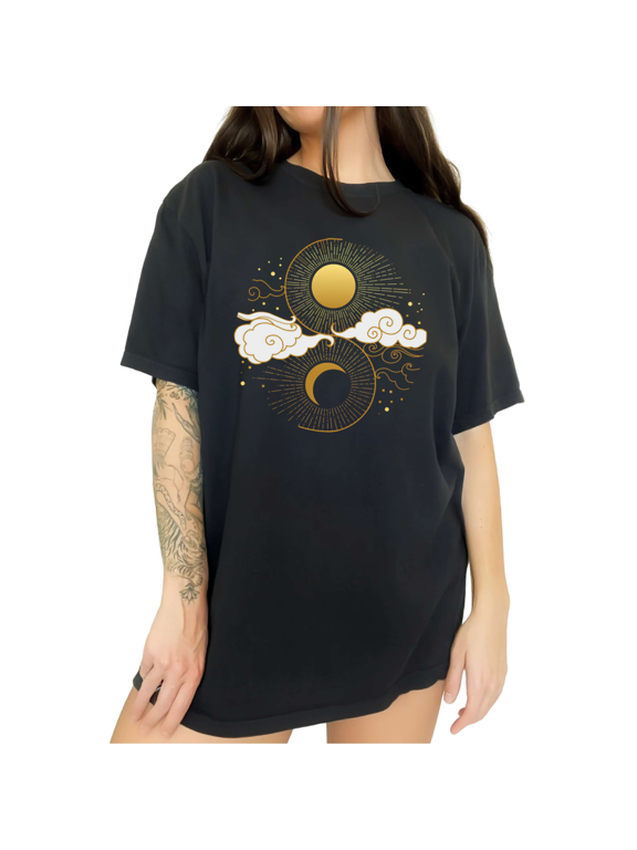 Black Women's Simple Boho Lady Golden Sun Moon Cloud Celestial Graphic Short Sleeve T-Shirt Tops