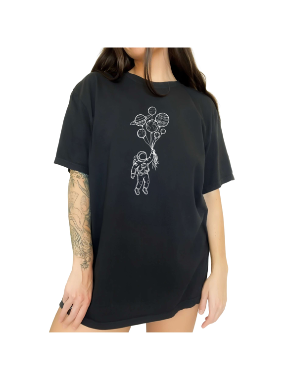 Black Women's Soft Dark Vintage Space Astronaut Planet Balloon Sketch Graphic Short Sleeve T-Shirt Tops