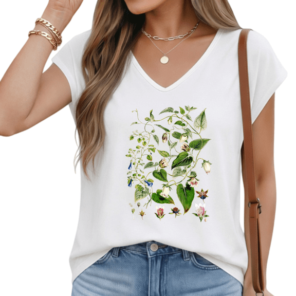 Cozymy Botanical flower Vine Pen Drawn V Neck Short Sleeve Graphic Tee for Women