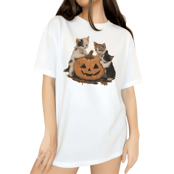 Cozymy Cat Pumpkin Graphic Short Sleeve Tee Women's Halloween Print T-Shirt
