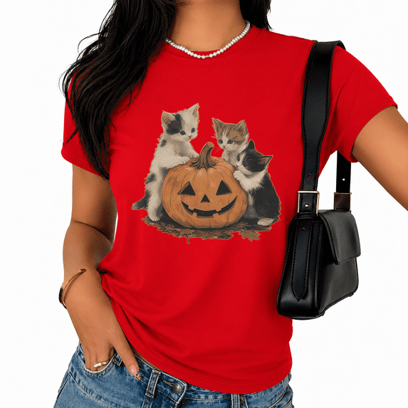 Cozymy Cat Pumpkin Graphic Short Sleeve Tee Women's Halloween Print T-Shirt