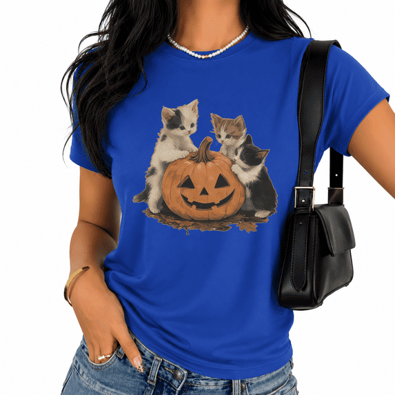 Cozymy Cat Pumpkin Graphic Short Sleeve Tee Women's Halloween Print T-Shirt