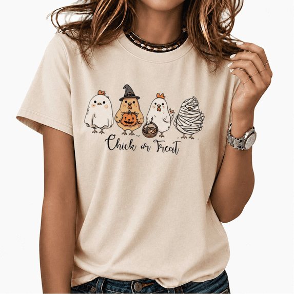 Cozymy Chick or Treat Cartoon Chicken Washed Print T-Shirt Women's Short Sleeve Crewneck