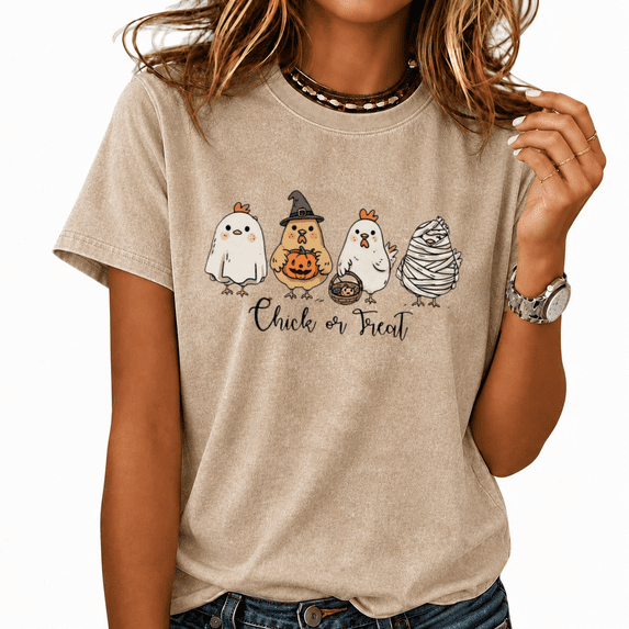 Cozymy Chick or Treat Cartoon Chicken Washed Print T-Shirt Women's Short Sleeve Crewneck