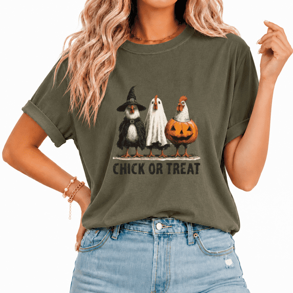 Cozymy Chick or Treat Vintage Washed Casual Tee Womens Crewneck Witch Chicken Halloween Shirt