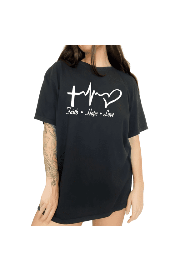 Christian Cross Heartbeat Women's S-5XL Faith Hope Love Inspirational Graphic Tops