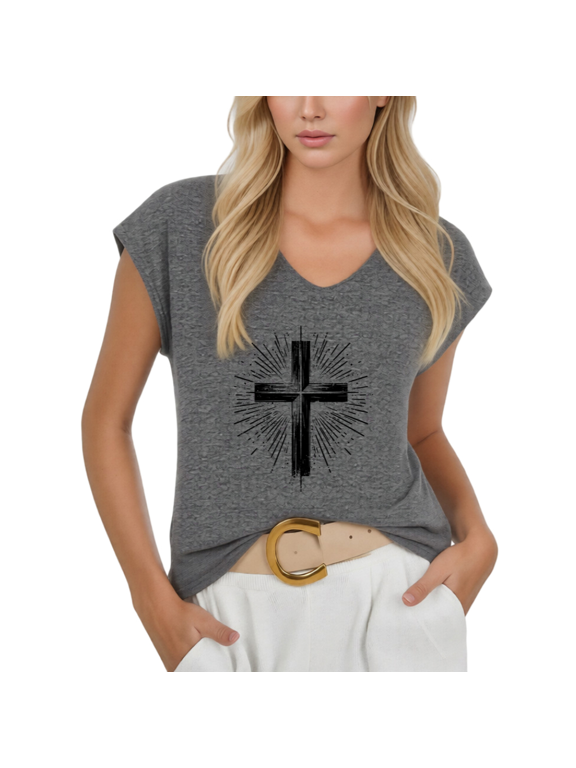 Cross Symbol Faith Graphic V-Neck Short Sleeve Print T-Shirt Vintage Washed Casual Tee for Women