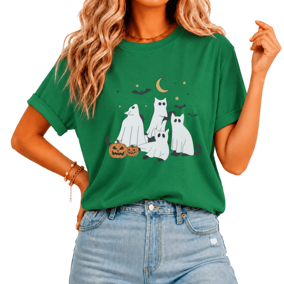 Cozymy Cute Ghost Pumpkin Halloween Joy Cartoon Graphic Tee for Women Crew Neck Short Sleeve